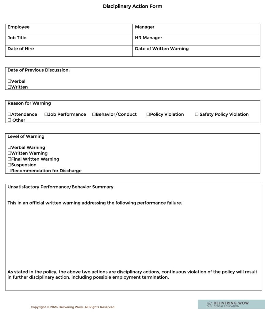 Disciplinary Action Template Form Delivering Wow Dental Education™
