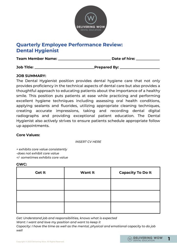 Dental Hygienist Quarterly Employee Performance Delivering Wow