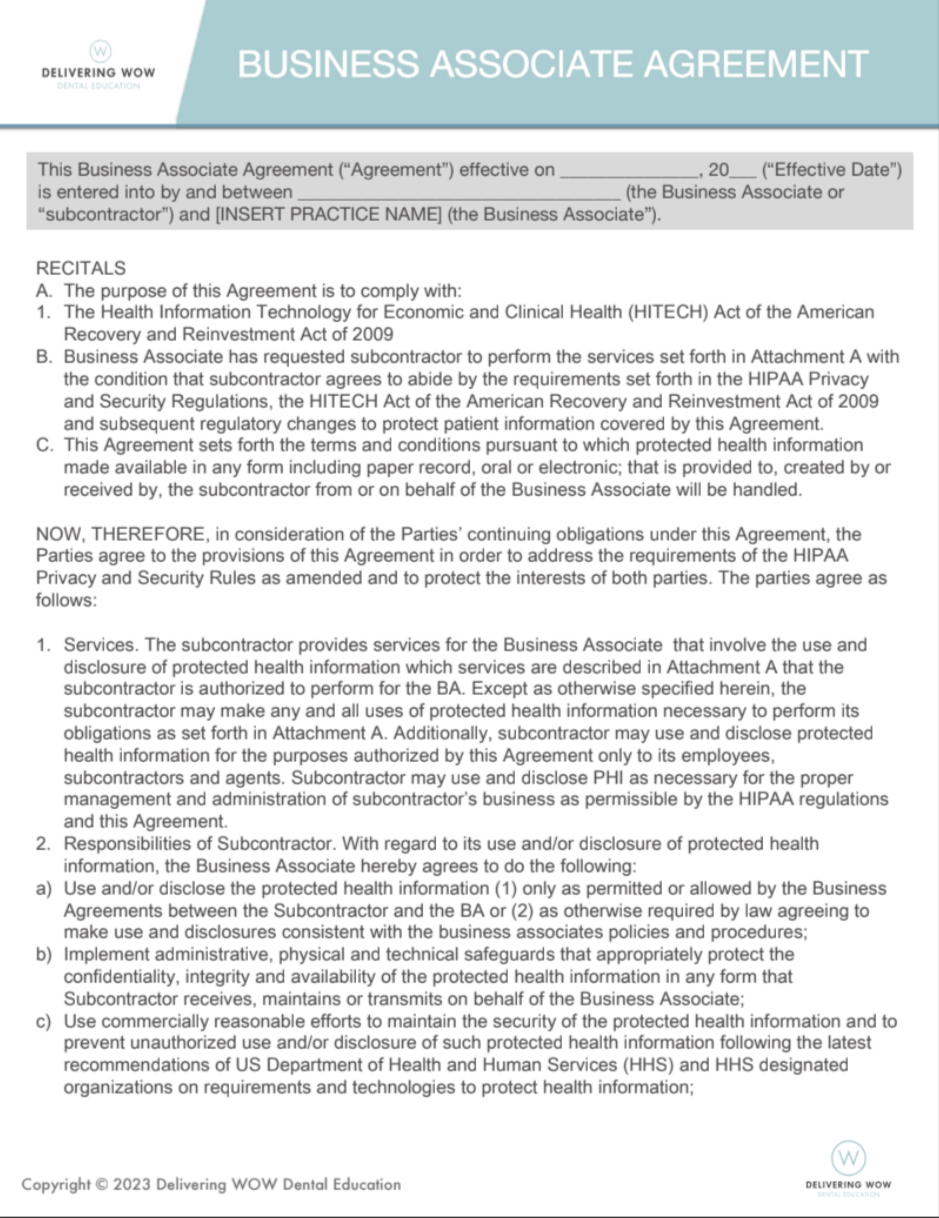 Business Associate Agreement Delivering Wow Dental Education™