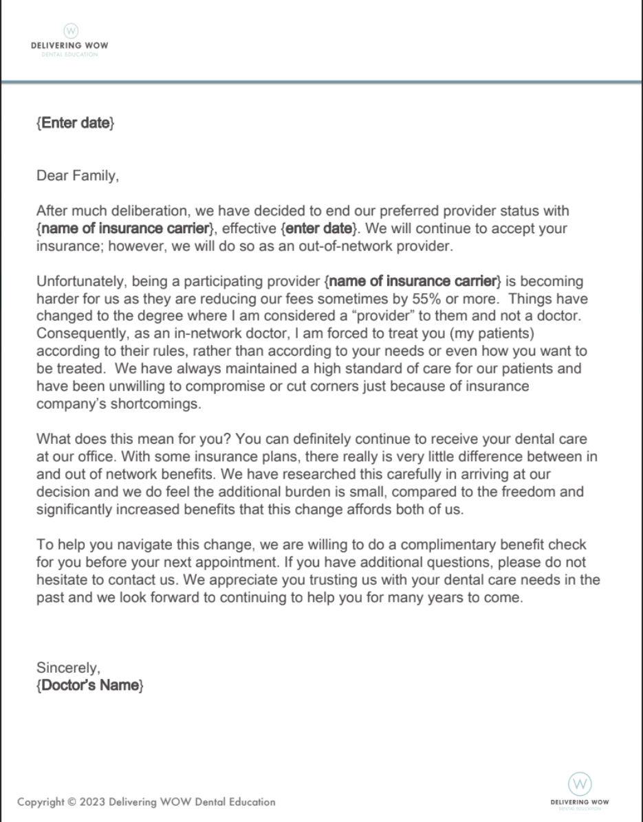 Going Out Of Network Letter To Patients Delivering Wow Dental Education 