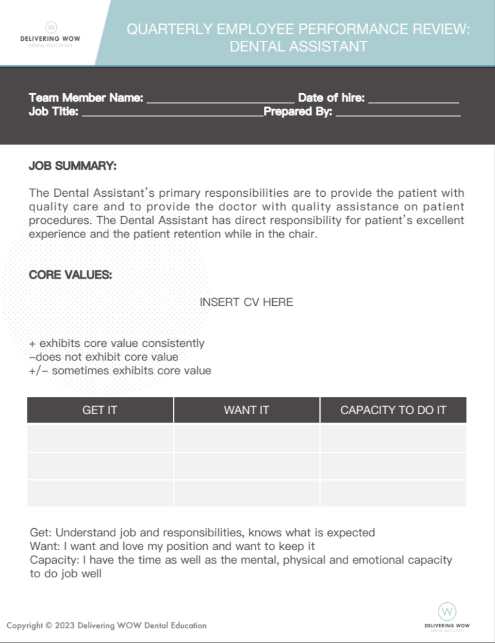 Dental Assistant Quarterly Employee Performance Delivering Wow Dental Education™ 7054